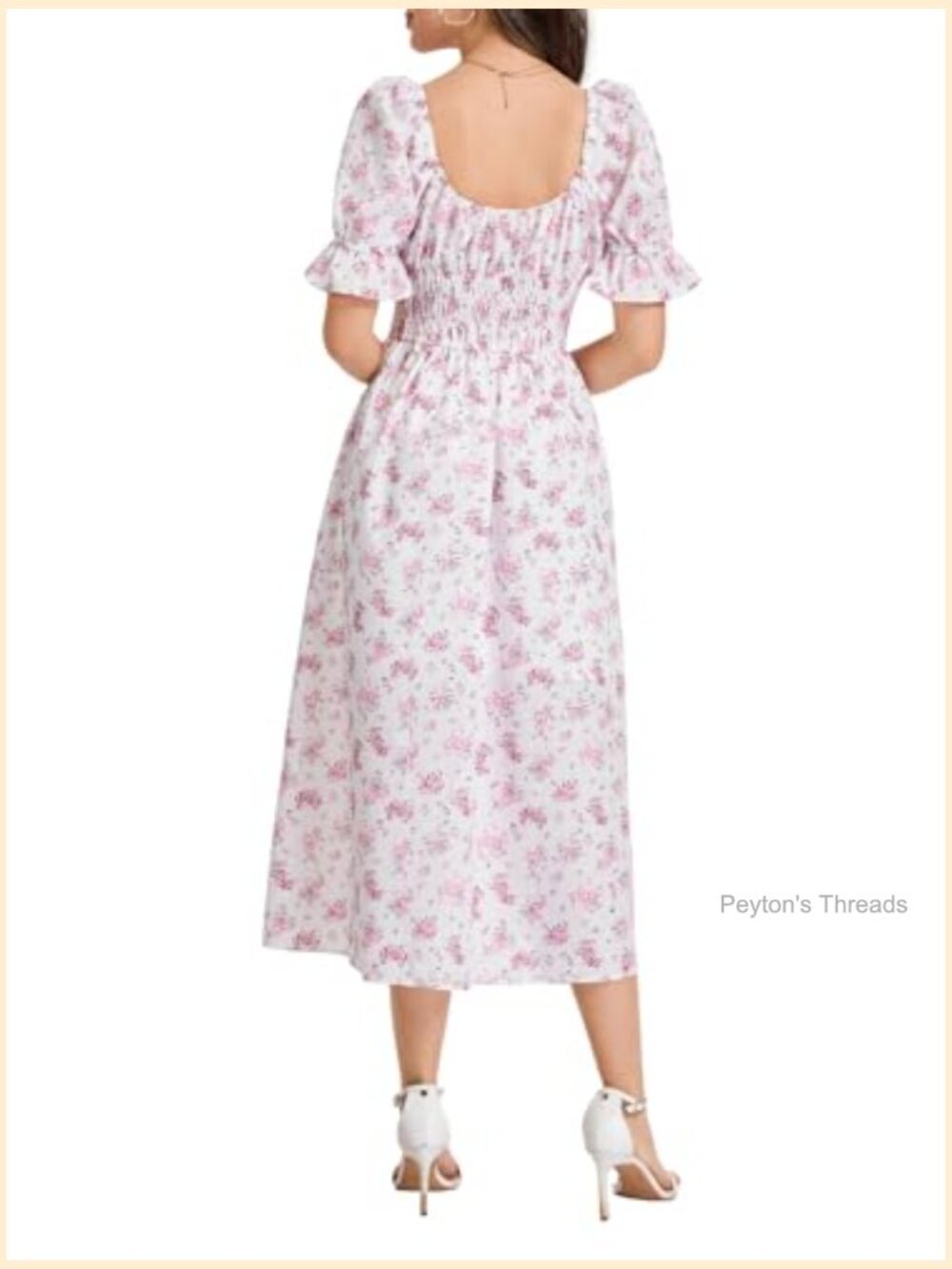 Floral Maxi Dress Puff Sleeve Square Neck Smocked Waist A-Line - Picture 4 of 6